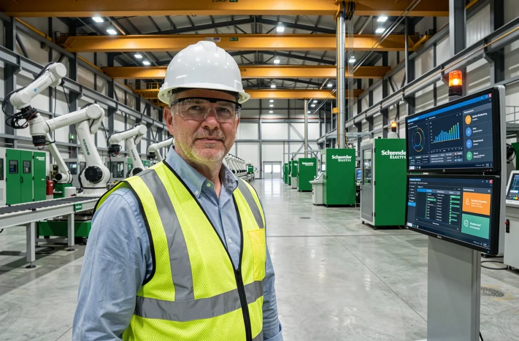 Ingénieur de Schneider Electric supervisant des systèmes d'automatisation industrielle et d'intelligence artificielle dans une usine connectée