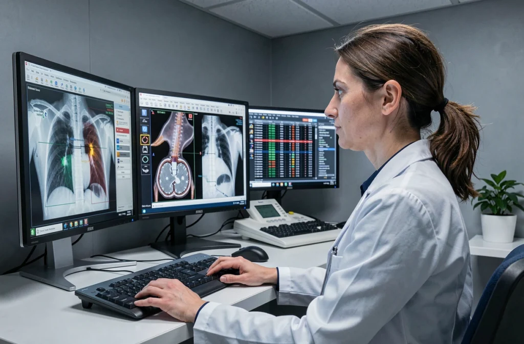 Radiologue utilisant la solution d'intelligence artificielle de Therapixel pour analyser des images médicales sur des écrans de diagnostic