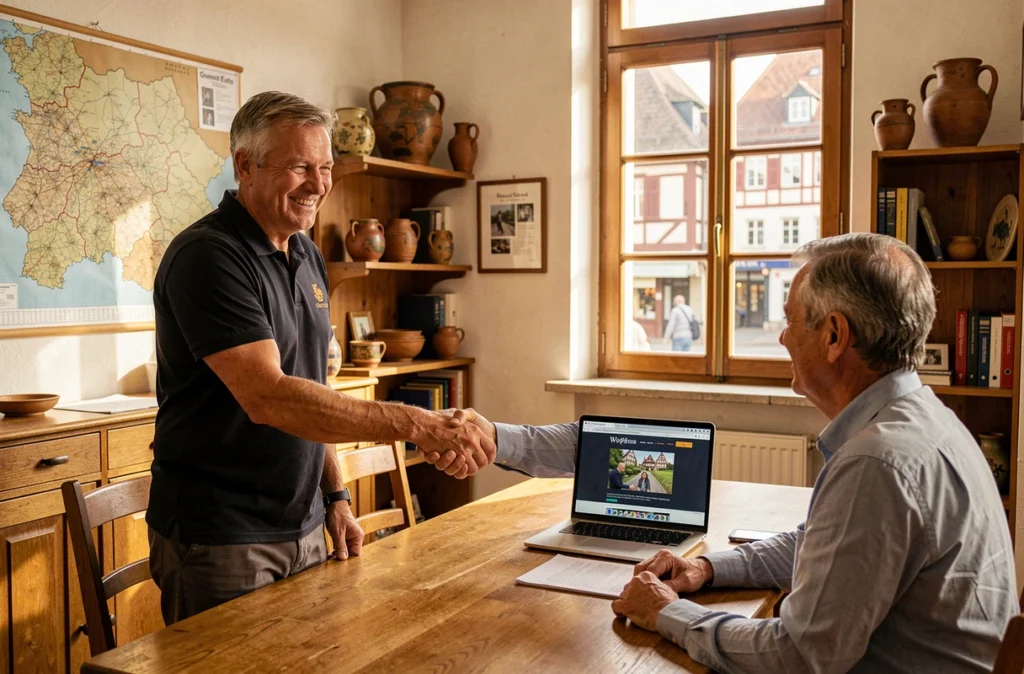 Consultant de Web Expert Grand Est lors d'une réunion avec un client local dans une ambiance régionale authentique