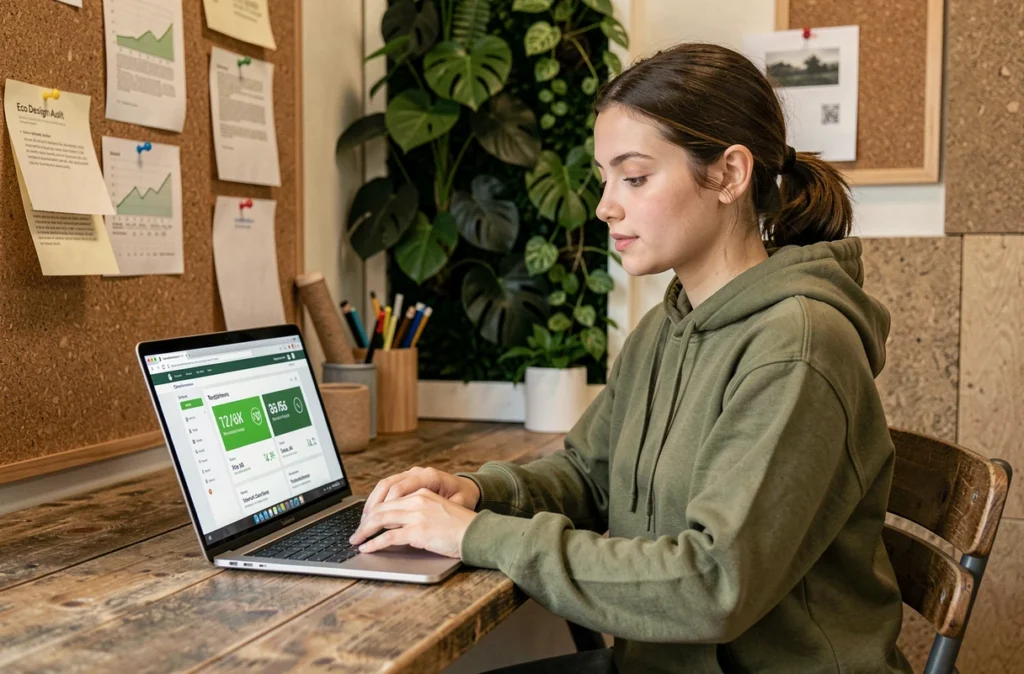 Designer de l'agence Whodunit travaillant sur un projet WordPress éco-conçu avec des métriques environnementales positives