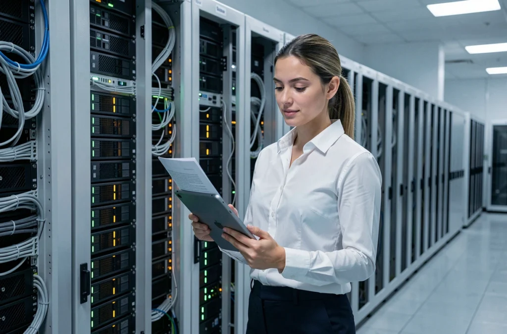 Ingénieure informatique inspectant une salle de serveurs lors d'une intervention de maintenance pour une entreprise en Auvergne-Rhône-Alpes
