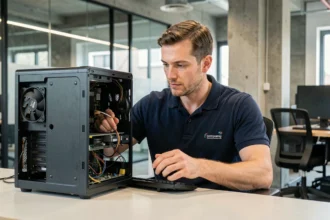 Technicien informatique professionnel effectuant la maintenance d'un ordinateur de bureau dans un bureau moderne à Lyon, région Auvergne-Rhône-Alpes
